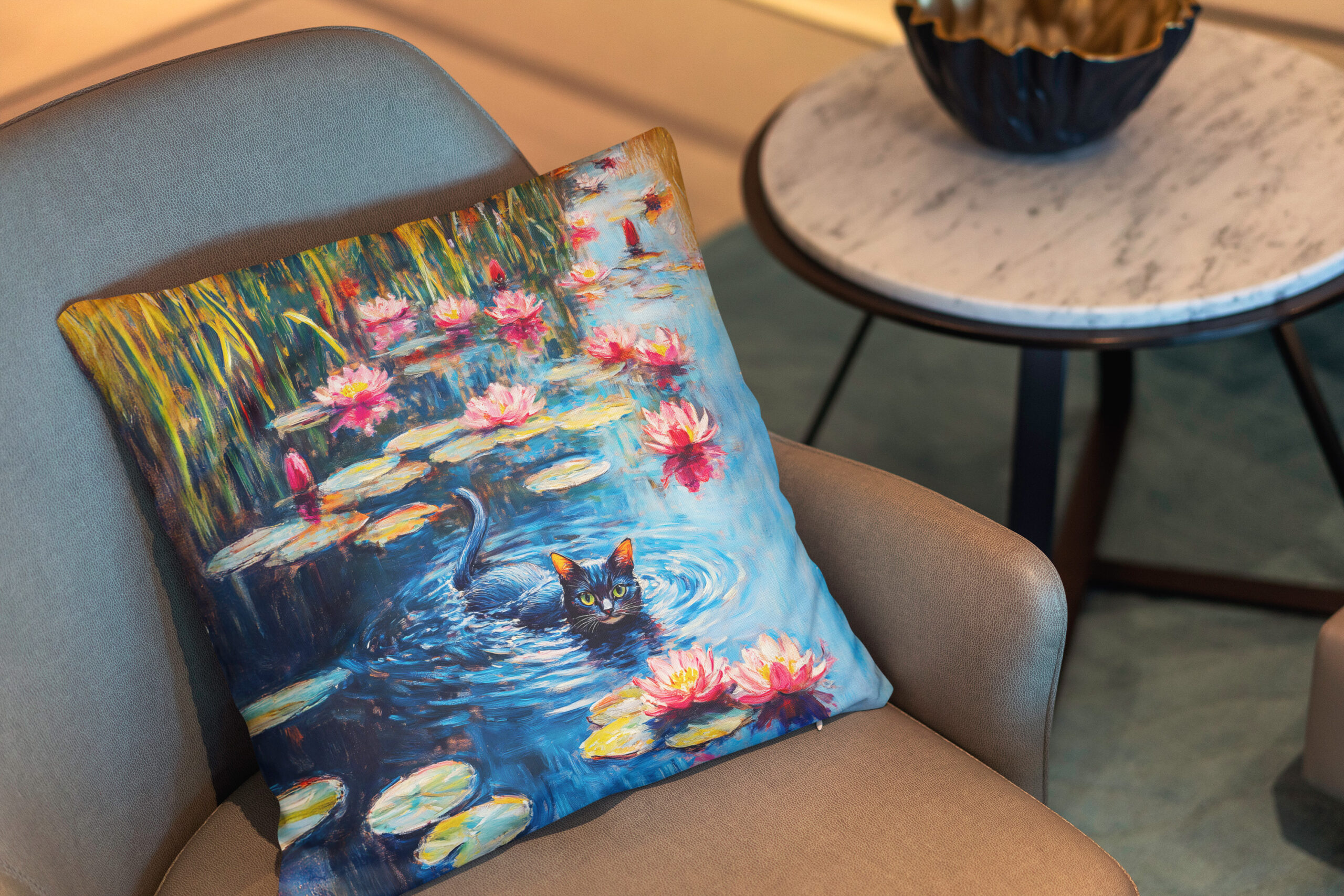 Kissen: Impressionistic Oil Painting of Black Cat in Lily Pond - Imagen 2