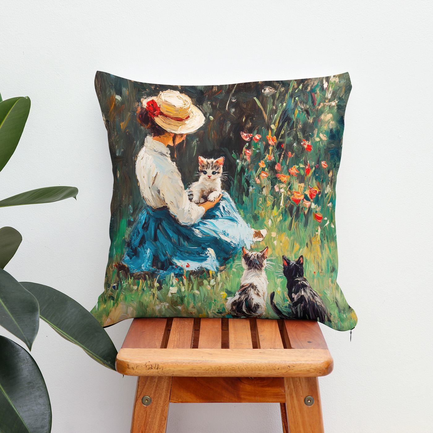 Kissen: Impressionistic Oil Painting of Lady with Hat Playing with Kittens