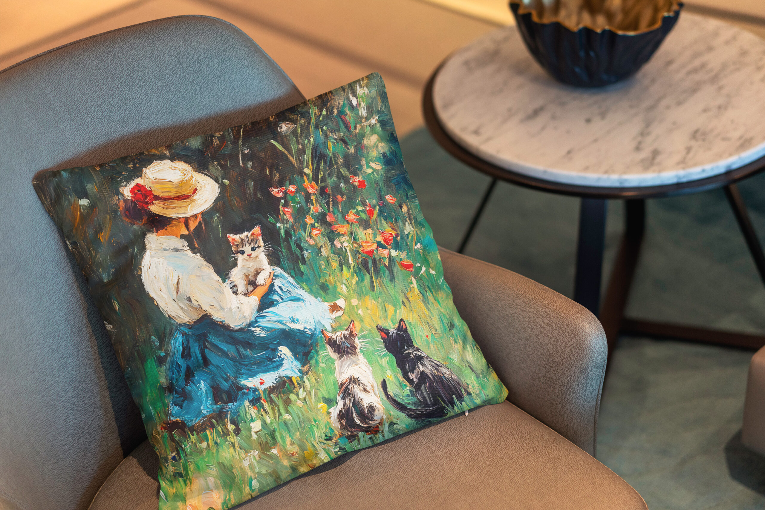 Kissen: Impressionistic Oil Painting of Lady with Hat Playing with Kittens - Image 2