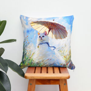 Kissen: Impressionistic Oil Painting of White Cat with Parasol in Field