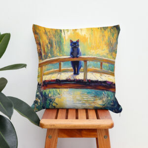 Kissen: Impressionistic Oil Painting of Black Cat on Wooden Pier by Pond