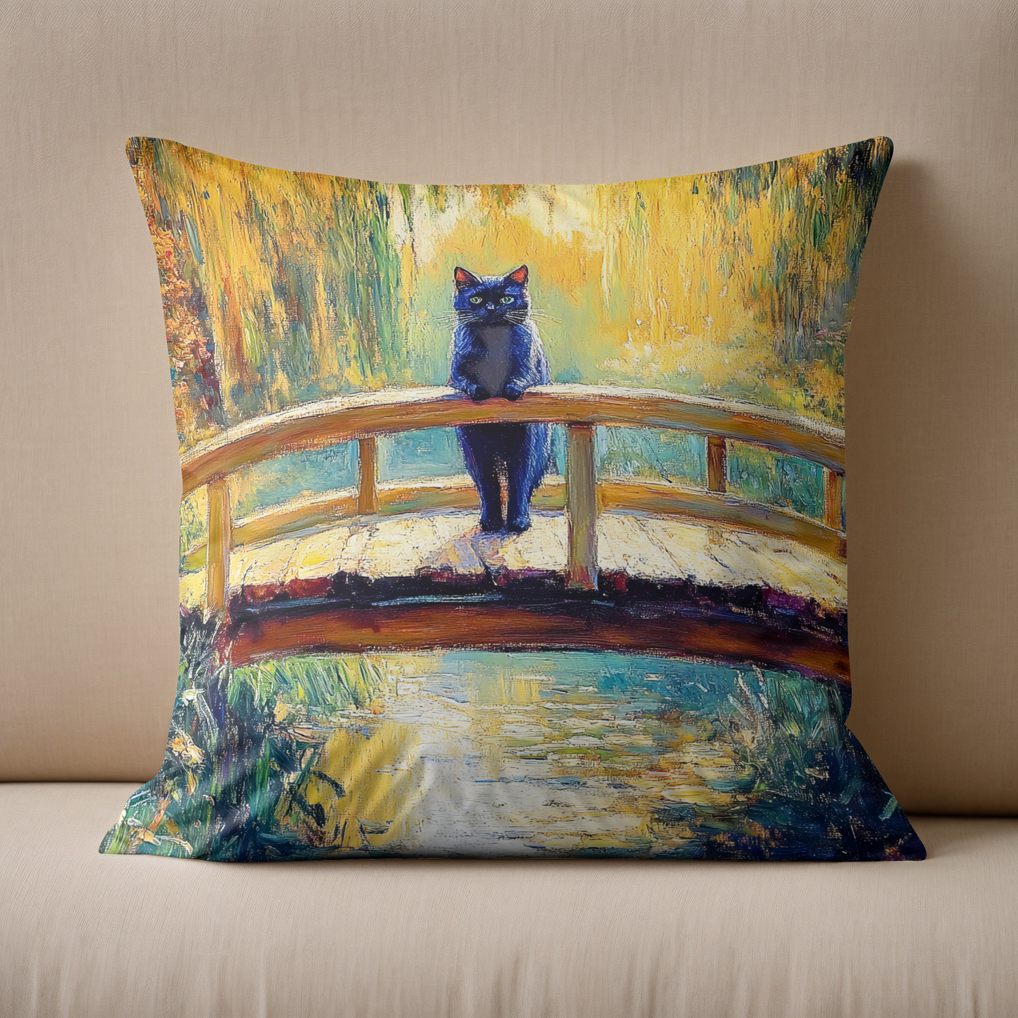 Kissen: Impressionistic Oil Painting of Black Cat on Wooden Pier by Pond - immagine 2
