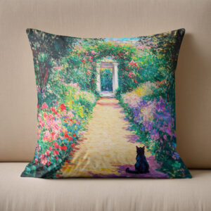Kissen: Impressionistic Oil Painting of Cat on Flower-Lined Garden Path