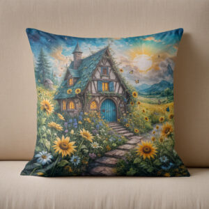 Kissen: Magical Cottage with Sunflower Field