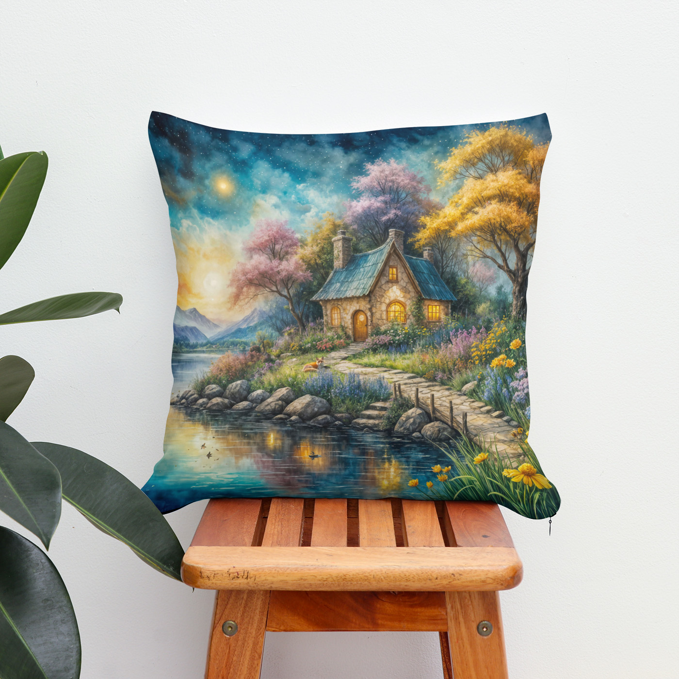 Kissen: Enchanting Cottage by Moonlit Stream
