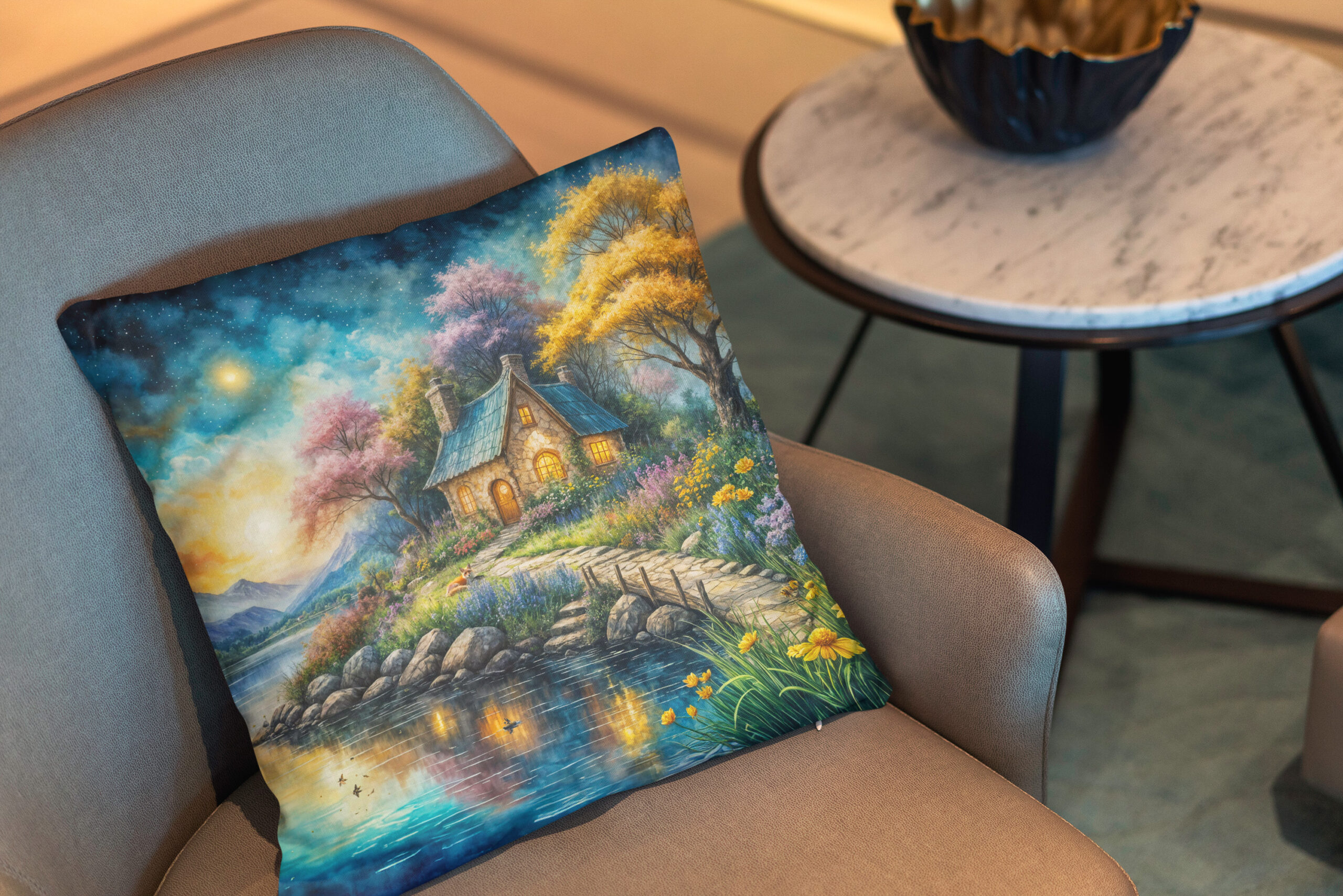 Kissen: Enchanting Cottage by Moonlit Stream - Imagen 2