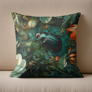 Kissen: Fat Dung Beetle Between Dahlia Blooms Illustration