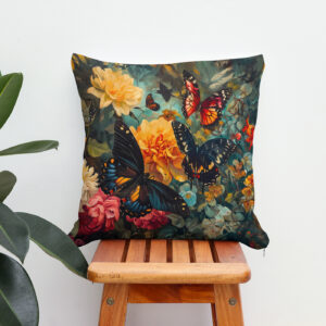 Kissen: Butterflies with Dahlias and Roses Garden Illustration