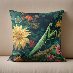 Kissen: Praying Mantis with Dahlias and Other Garden Blooms Illustration