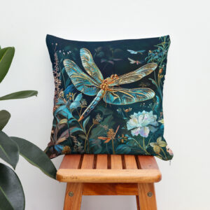 Kissen: Dragonfly at Night in a Garden with Peonies and Grasses Illustration