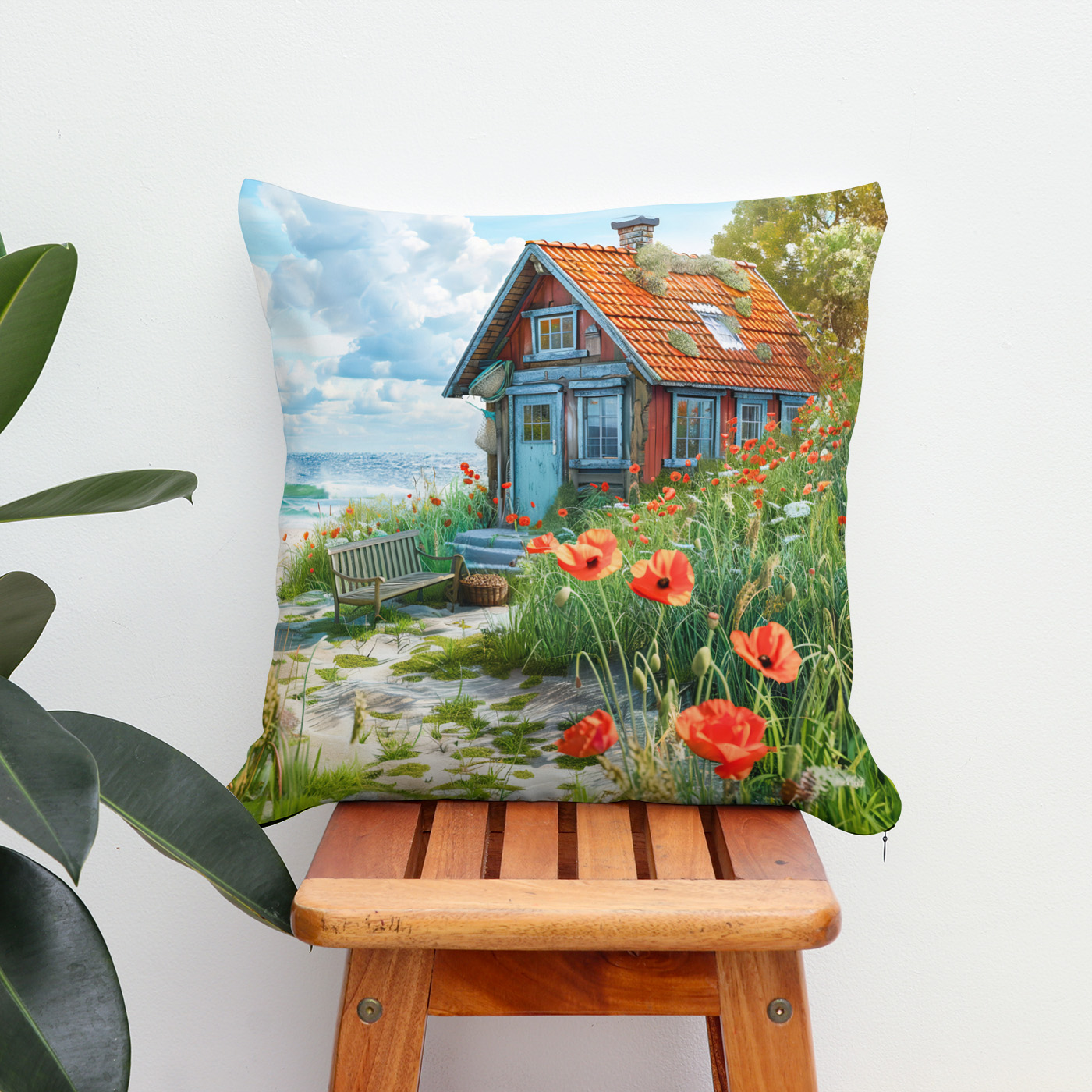 Kissen: Beach Cottage with Dunes and Poppies