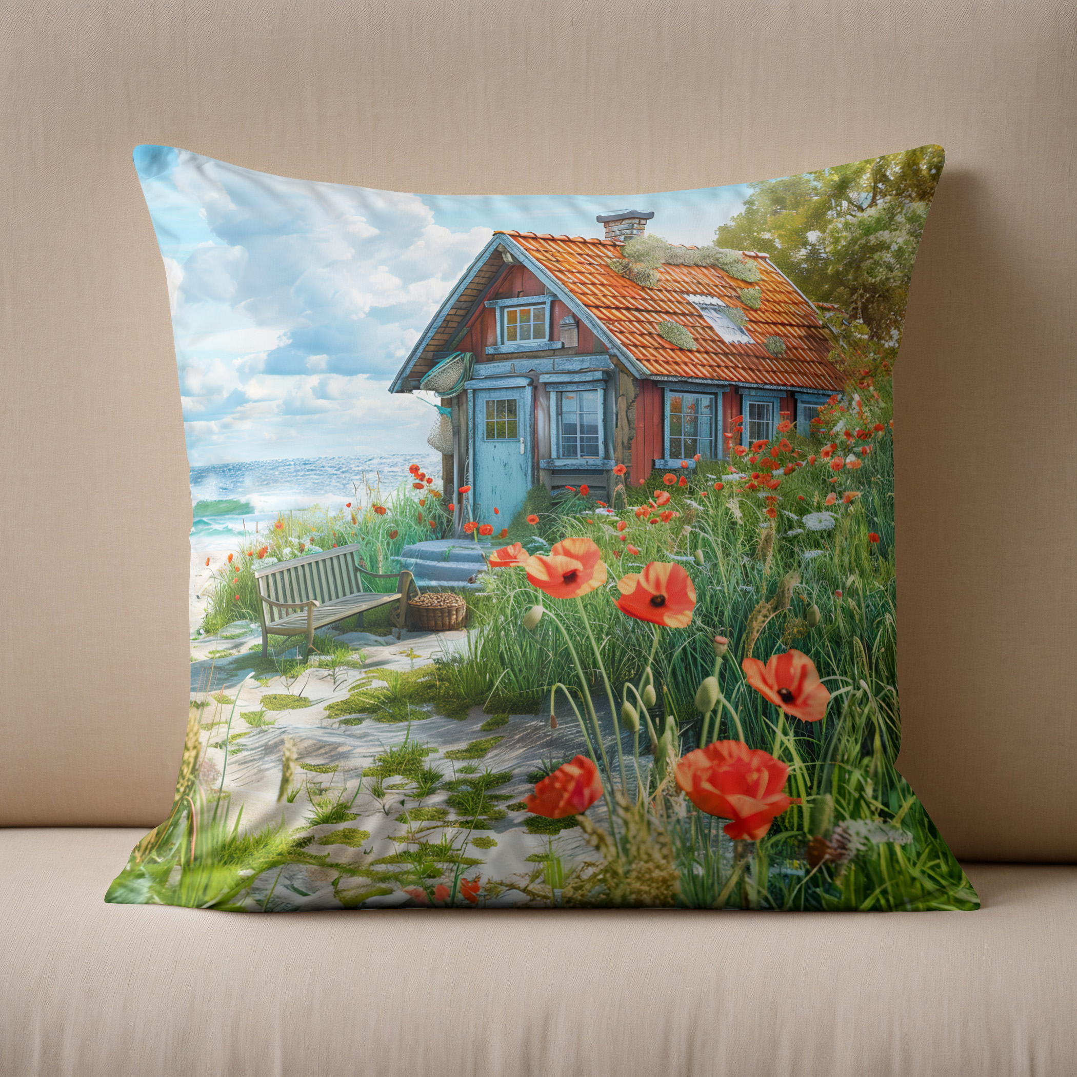 Kissen: Beach Cottage with Dunes and Poppies - immagine 2