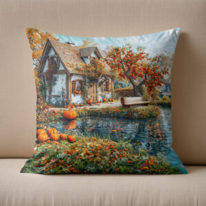 Kissen: Cozy Lakeside Cottage in Autumn Illustration