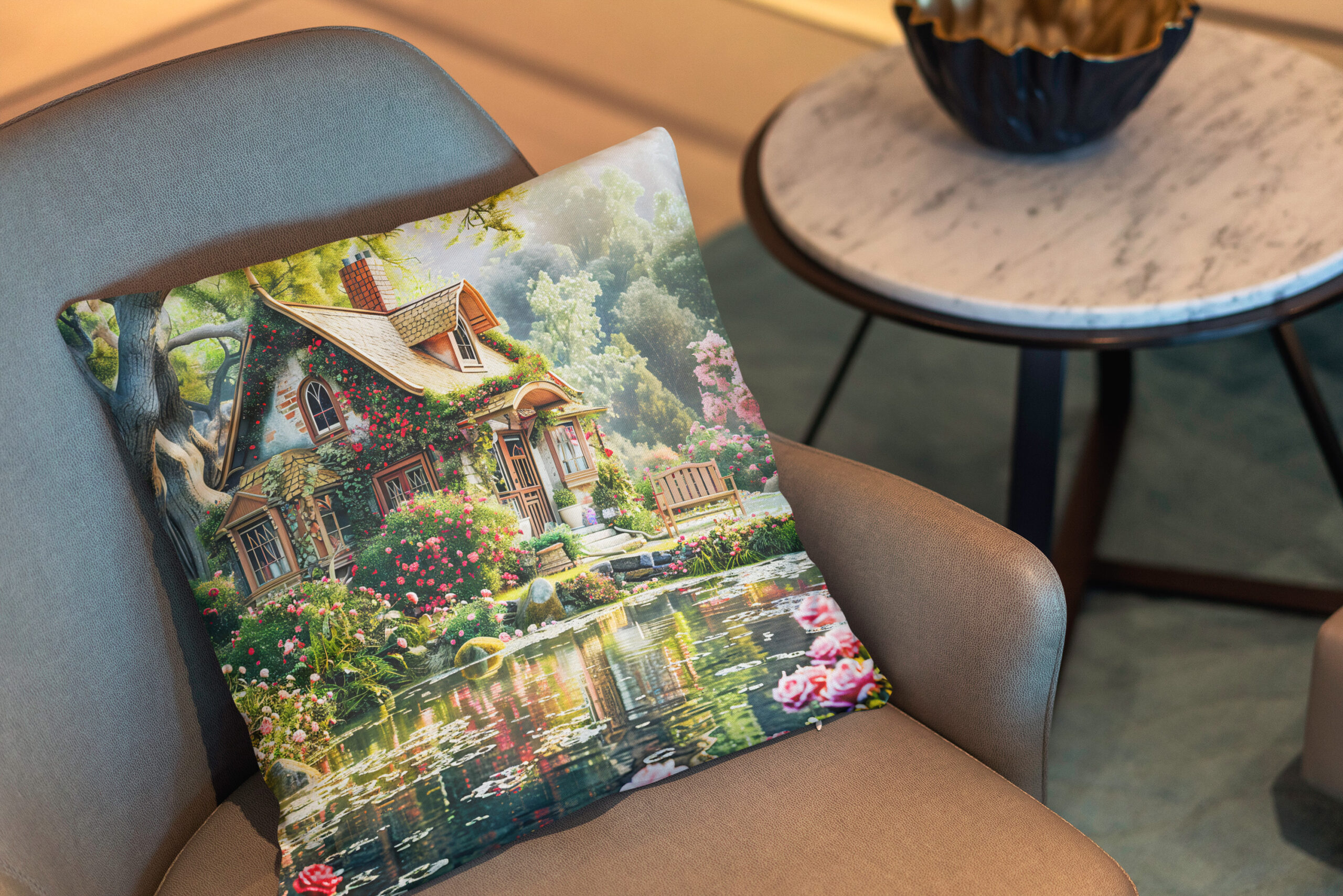 Kissen: Whimsical Cottage with Rhododendrons and Pond - Image 2