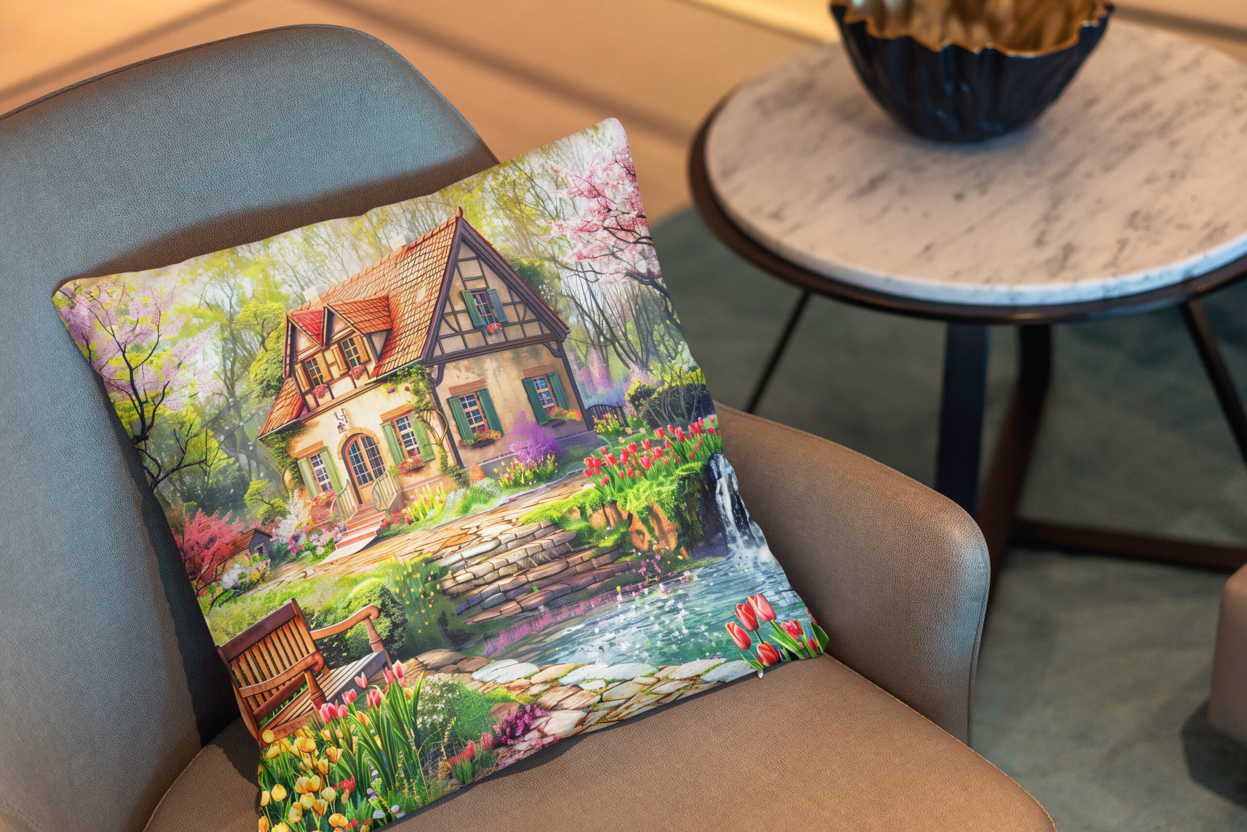 Kissen: Spring Cottage with Blooming Tulips