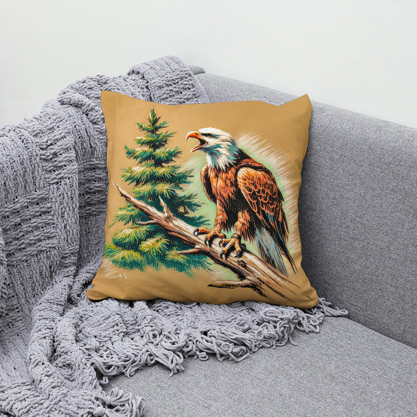 Kissen: Eagle Calling into the Forest Pastel Chalk Drawing