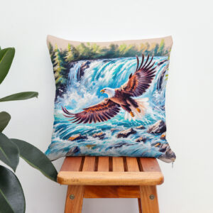 Kissen: Eagle Flying in Front of Waterfall Pastel Chalk Drawing