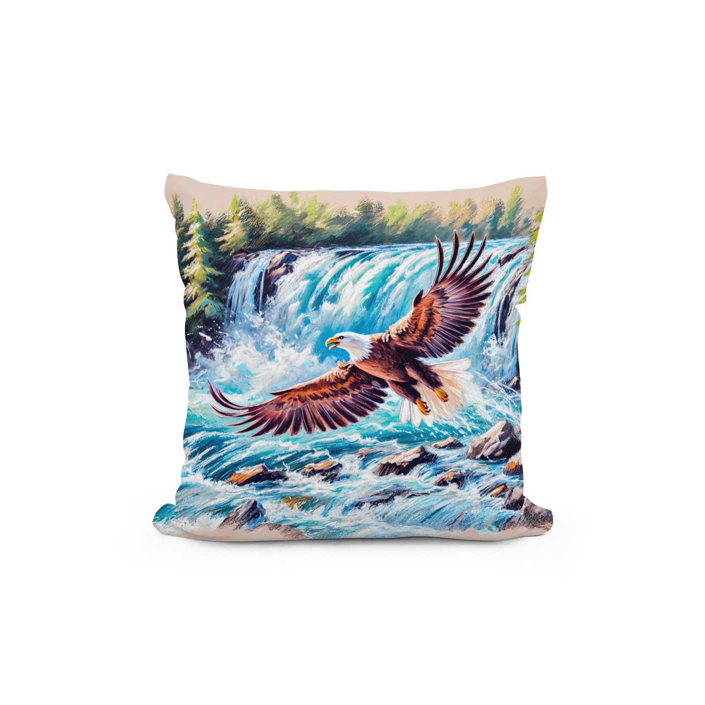 Kissen: Eagle Flying in Front of Waterfall Pastel Chalk Drawing - Image 2