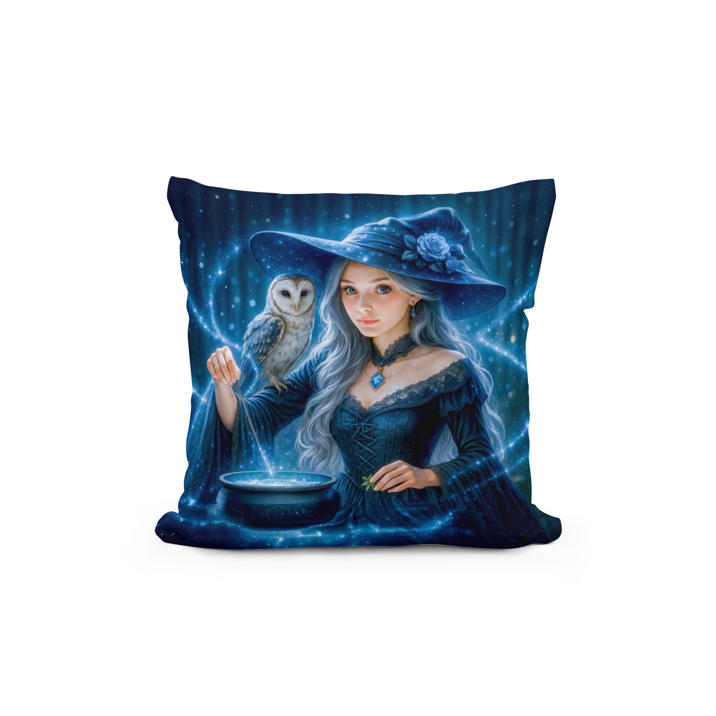 Kissen: Silver haired witch with owl and cauldron – Image 2