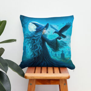 Kissen: Witch with raven in moonlit graveyard