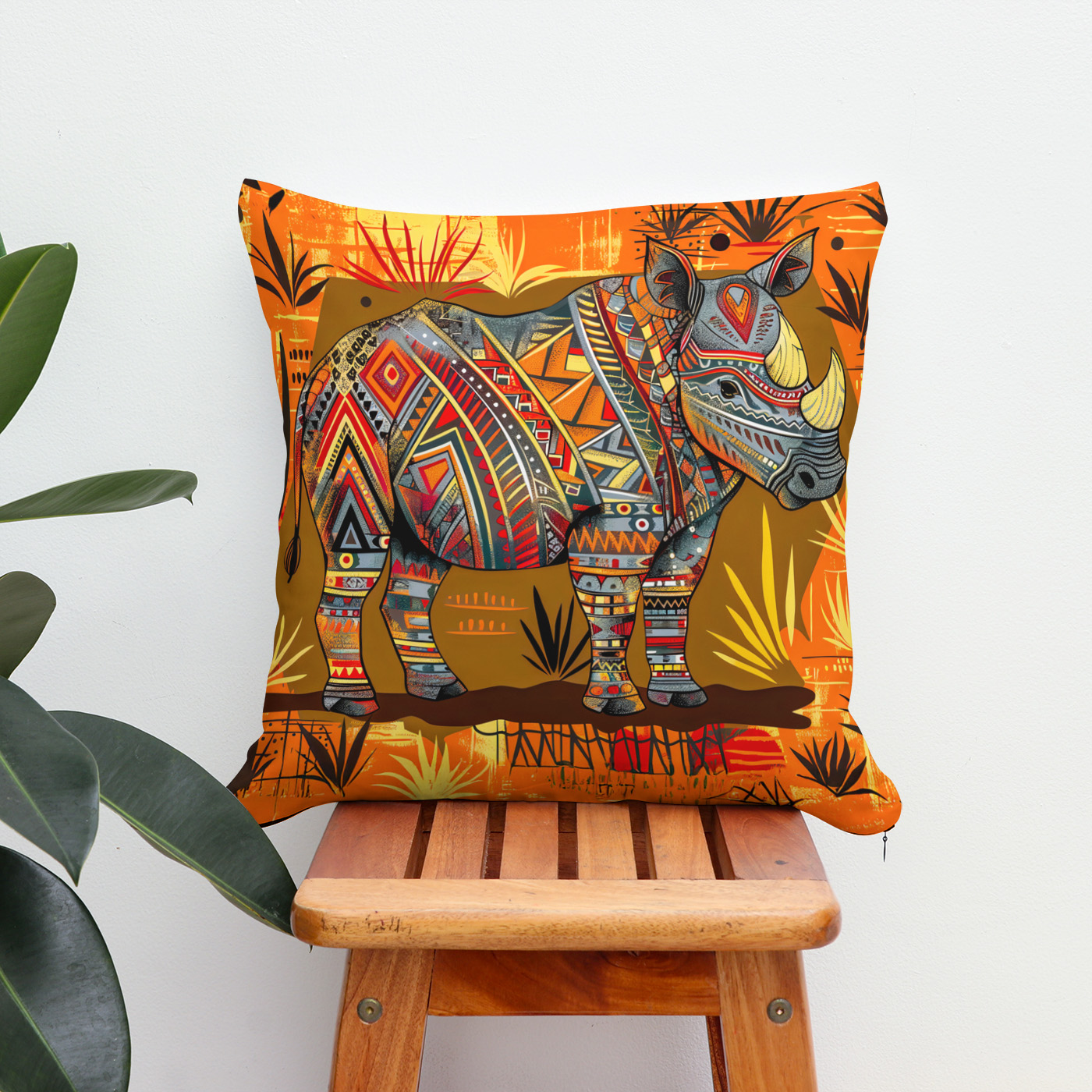 Kissen: A single African rhino with bold tribal patterns, standing in a stylized savanna scene painted in African folk art style – Image 2