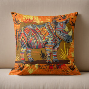 Kissen: A single African rhino with bold tribal patterns, standing in a stylized savanna scene painted in African folk art style