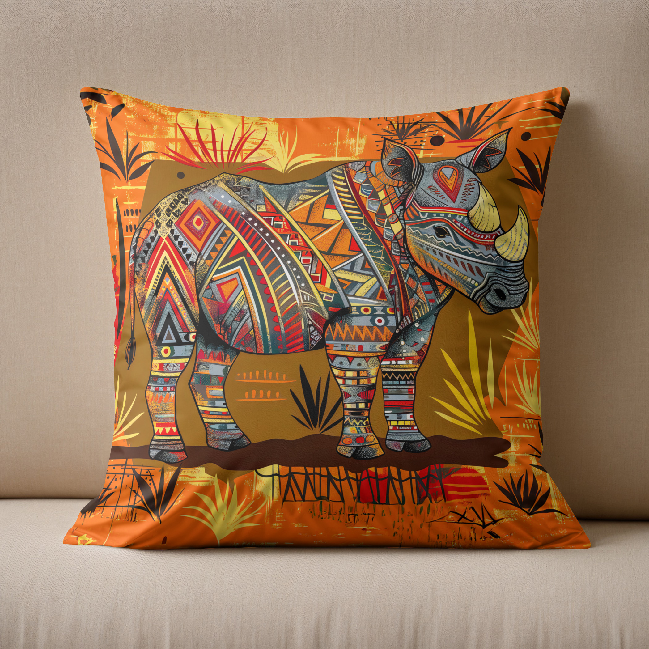Kissen: A single African rhino with bold tribal patterns, standing in a stylized savanna scene painted in African folk art style