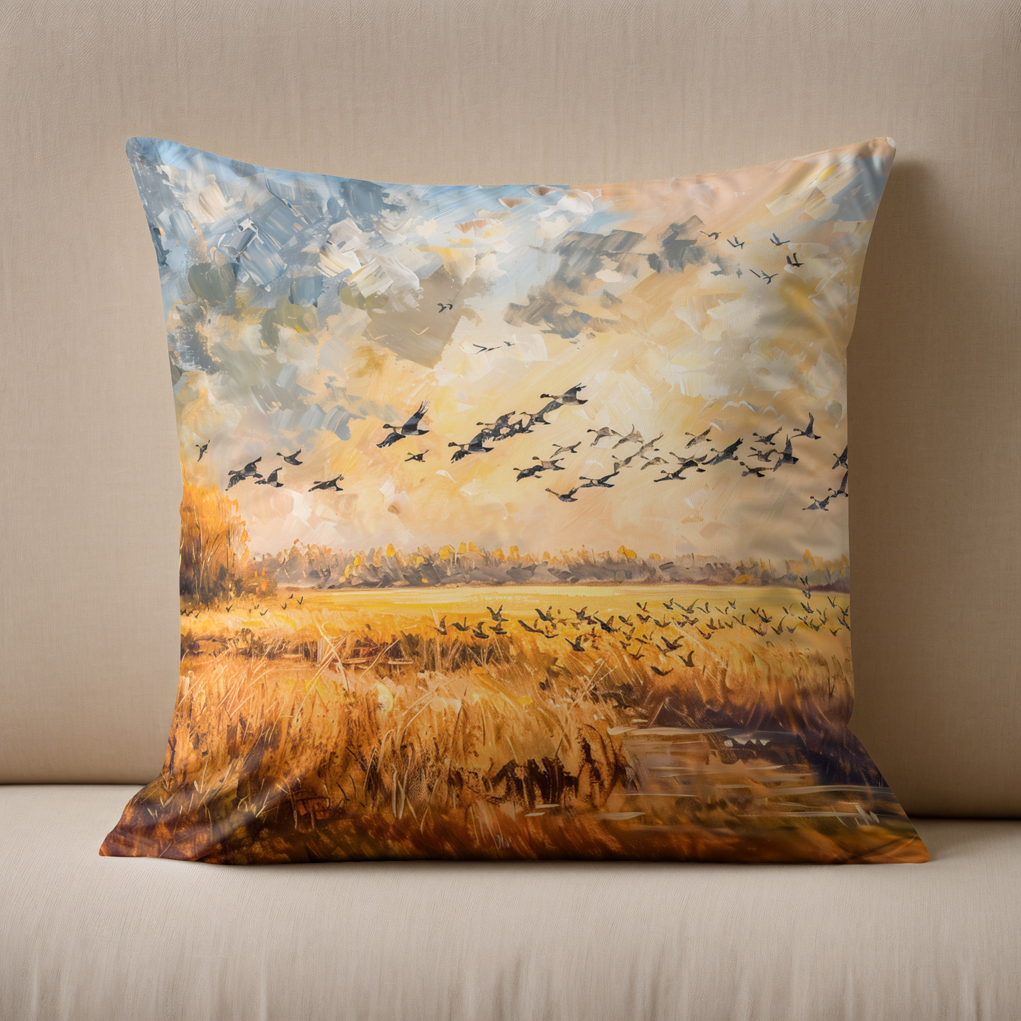 Kissen: Autumn field with birds - immagine 2