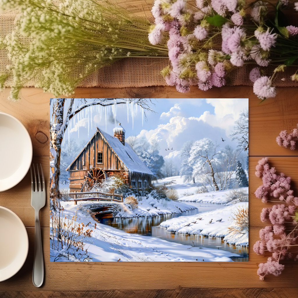 raxxa Premium-Tischset: Rustic Winter Barn by Frozen Stream - Imagen 2