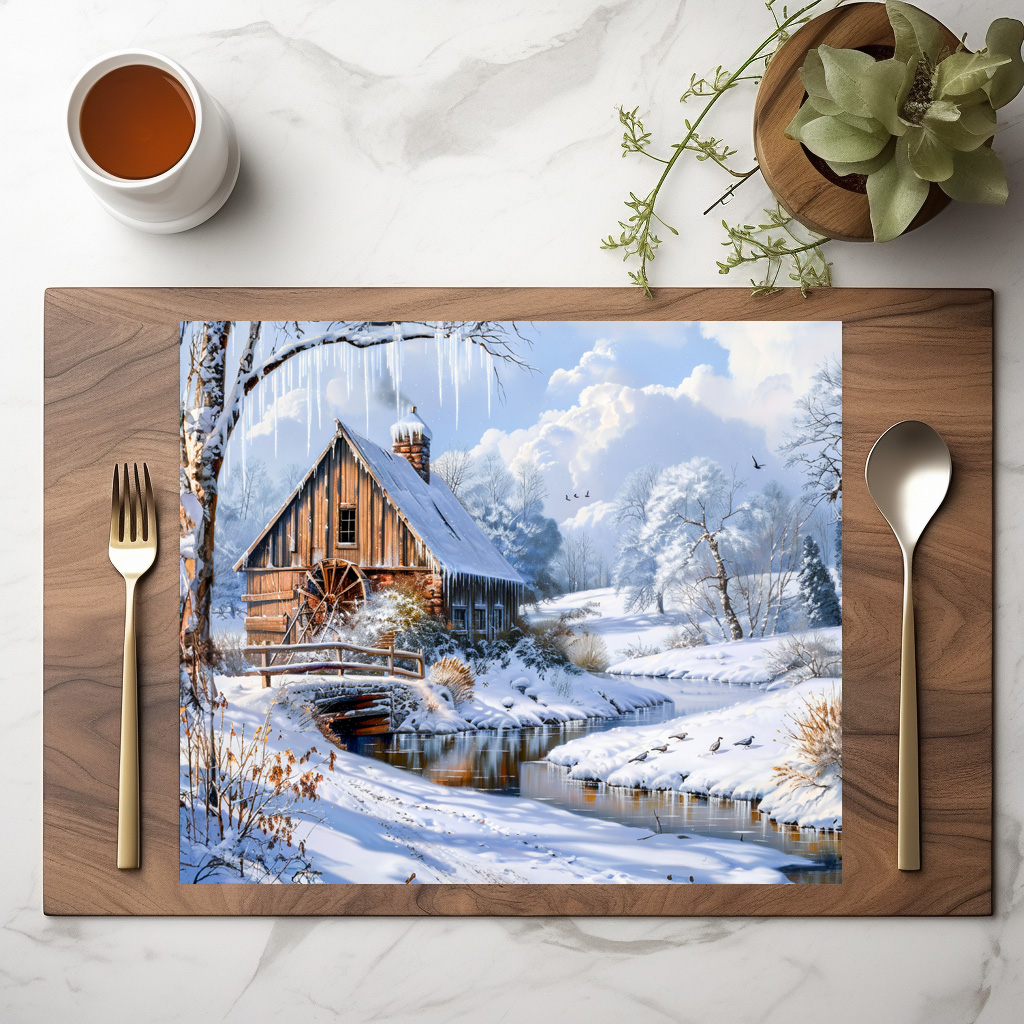 raxxa Premium-Tischset: Rustic Winter Barn by Frozen Stream
