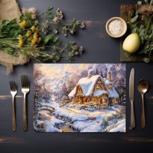 raxxa Premium-Tischset: Snowy Mountain Cottage by Stream