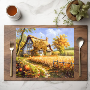 raxxa Premium-Tischset: Autumn Cottage by Wheat Field and Pumpkins