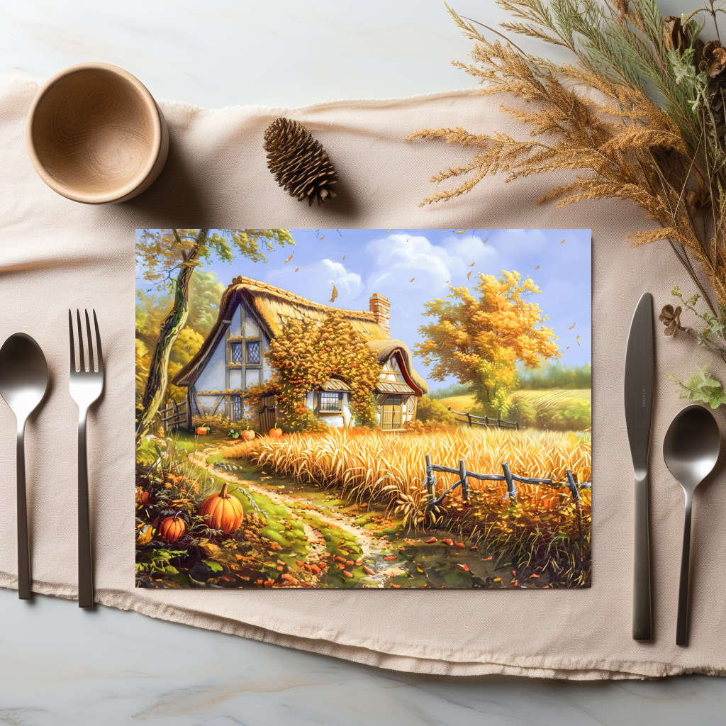 raxxa Premium-Tischset: Autumn Cottage by Wheat Field and Pumpkins - immagine 2