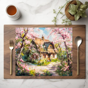 raxxa Premium-Tischset: Spring Cottage with Blossoming Fruit Trees