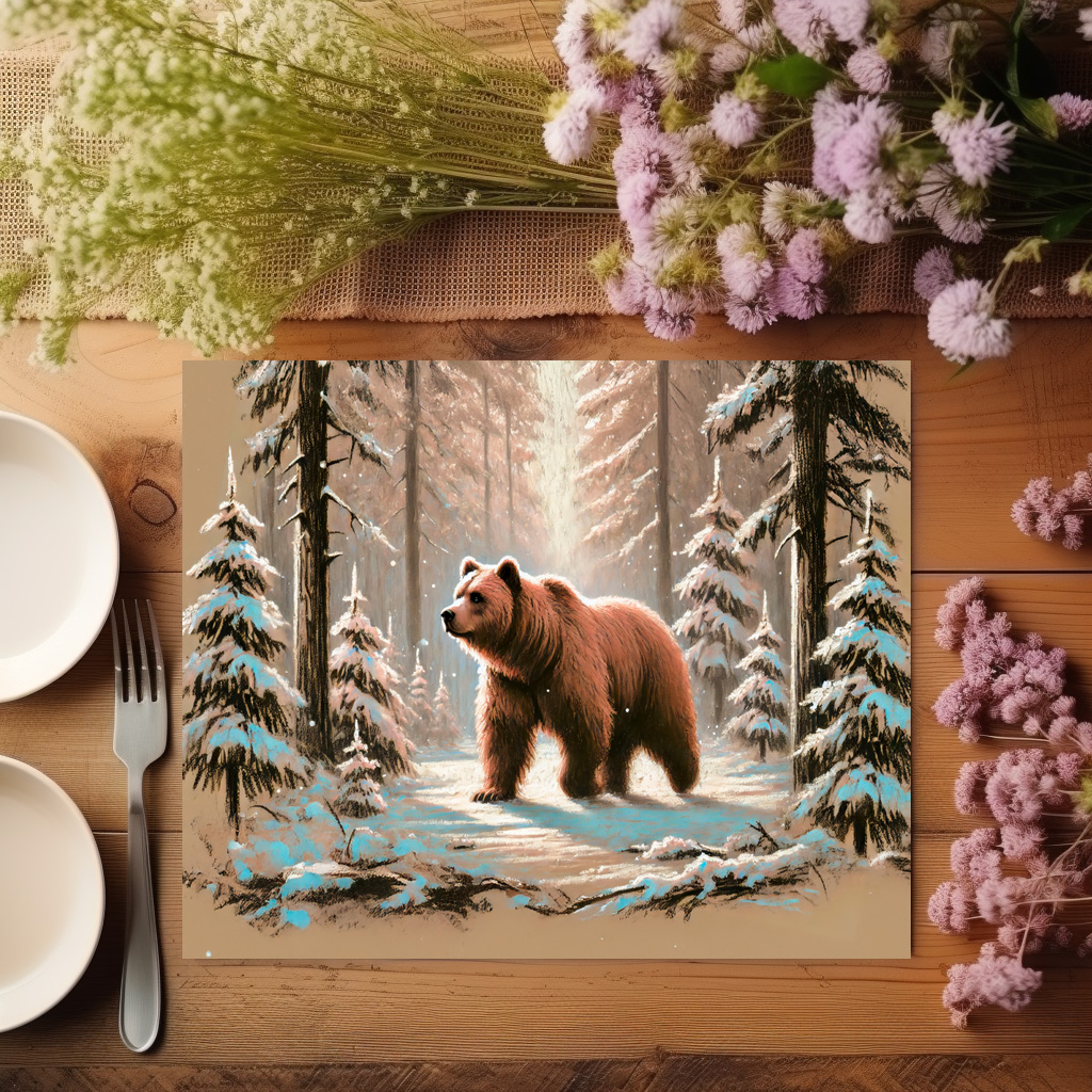 raxxa Premium-Tischset: Brown Bear in Snowy Forest Pastel Chalk Art – Image 3