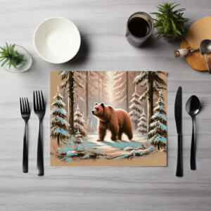 raxxa Premium-Tischset: Brown Bear in Snowy Forest Pastel Chalk Art