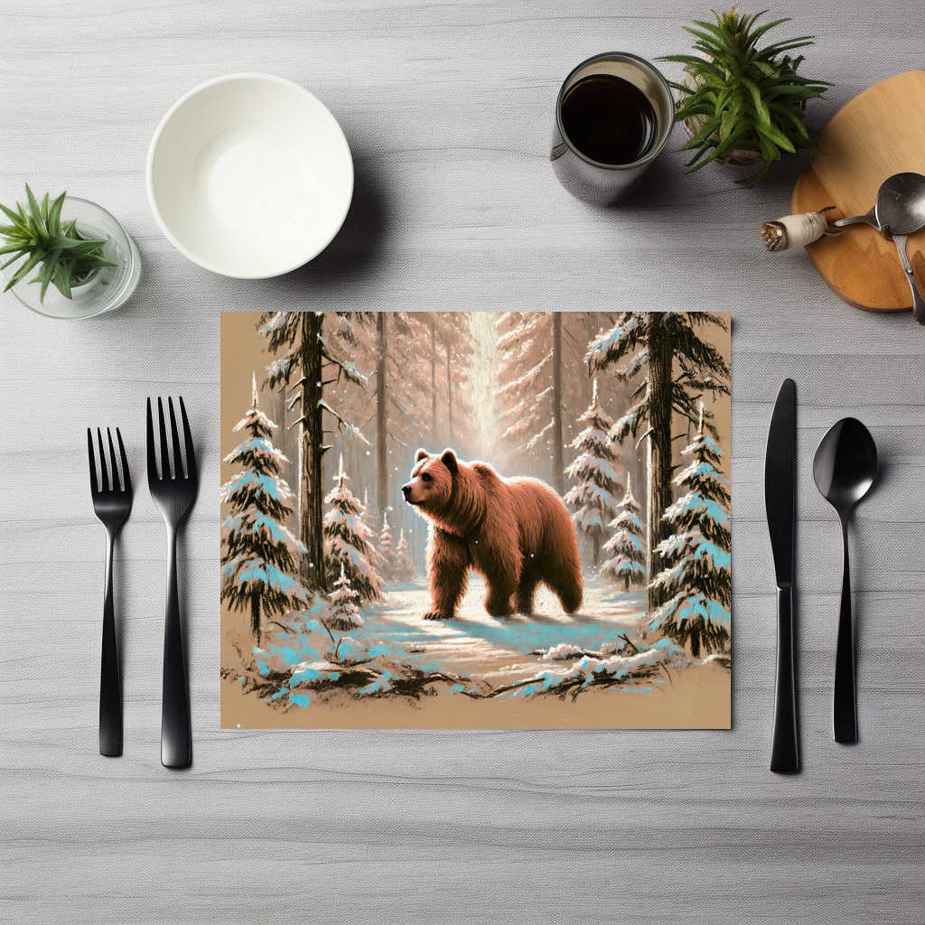 raxxa Premium-Tischset: Brown Bear in Snowy Forest Pastel Chalk Art