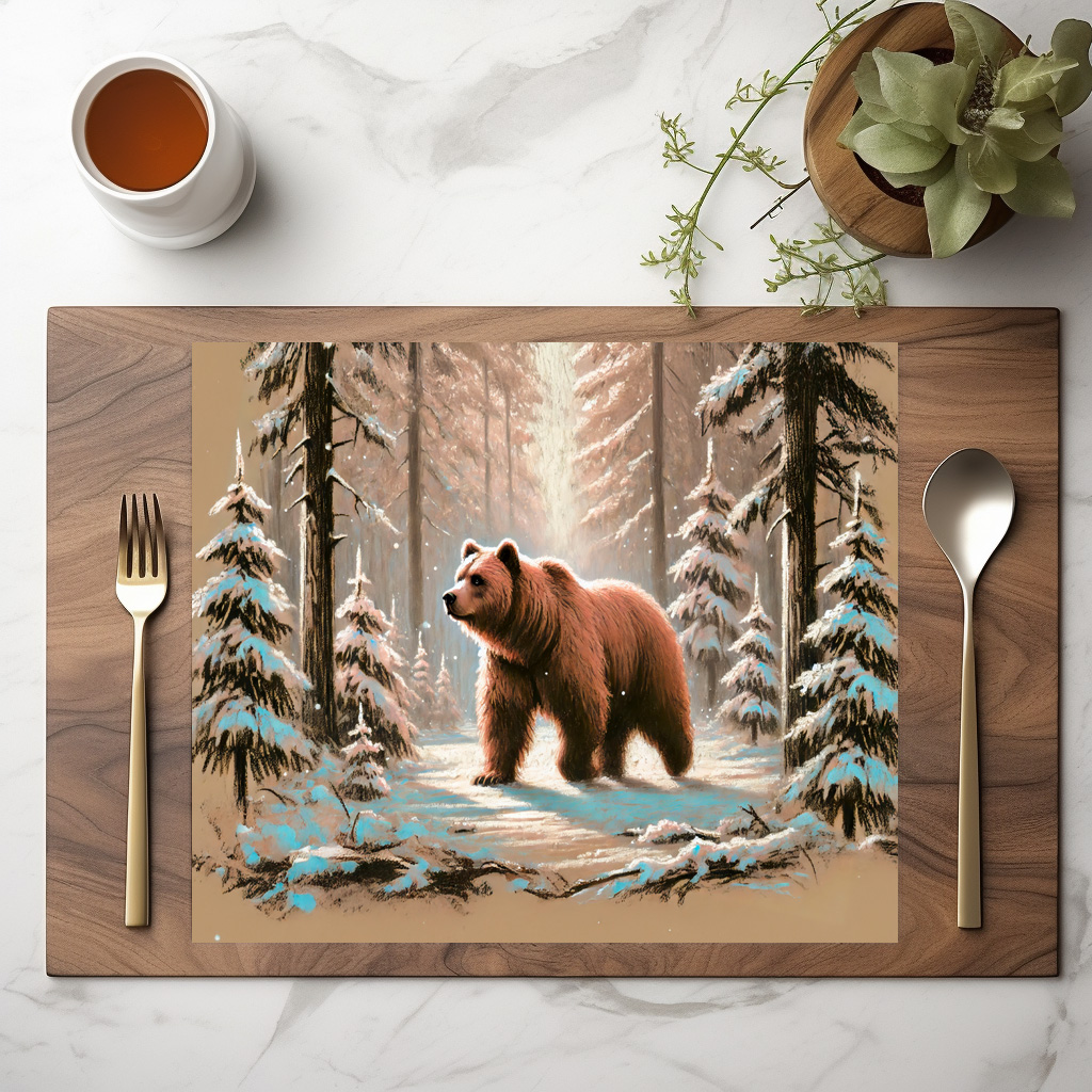 raxxa Premium-Tischset: Brown Bear in Snowy Forest Pastel Chalk Art – Image 2