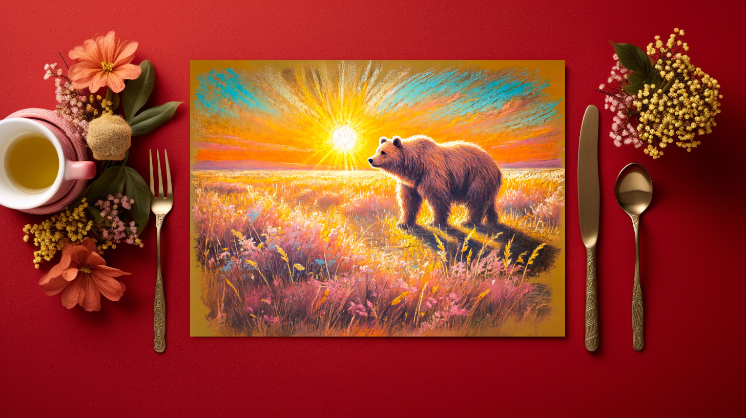 raxxa Premium-Tischset: Brown Bear in Snowy Forest Pastel Chalk Art - Imagen 2