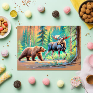 raxxa Premium-Tischset: Bear and Moose in Forest Pastel Chalk Drawing