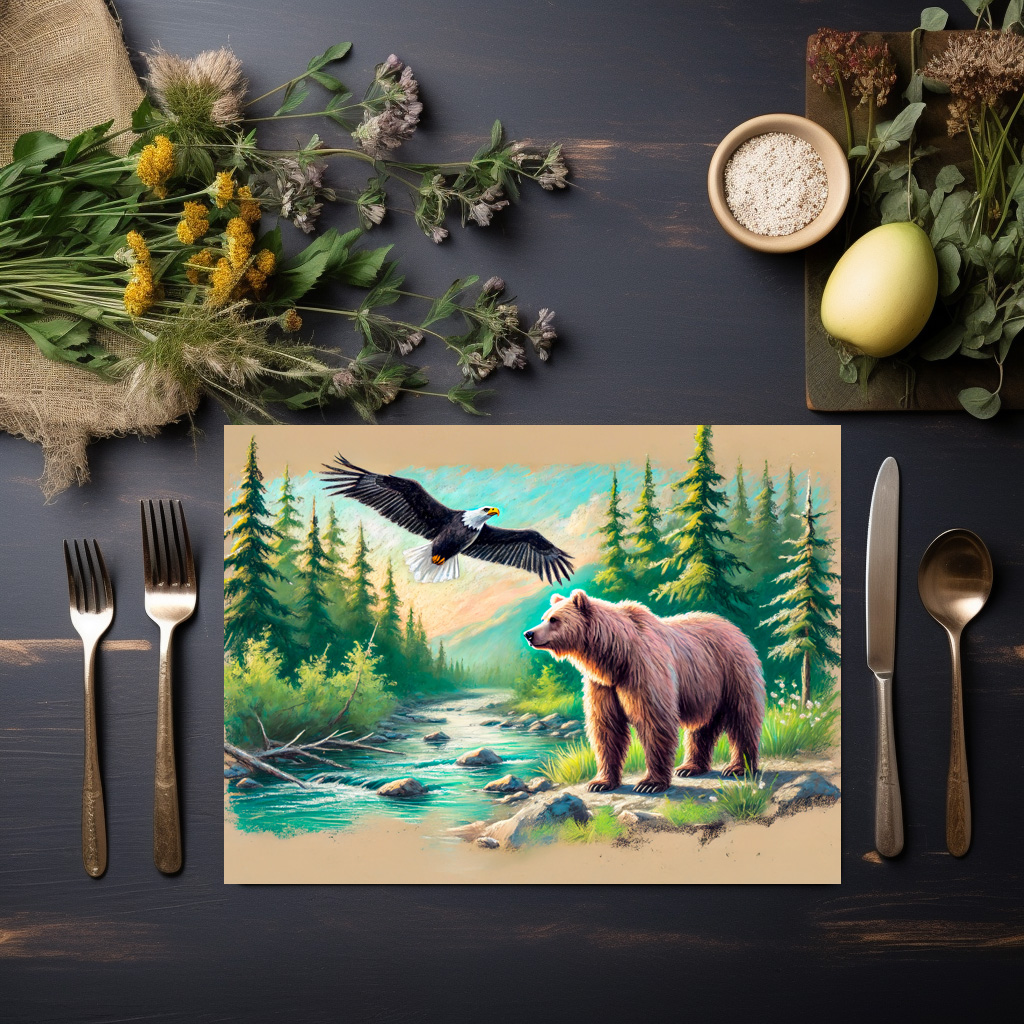 raxxa Premium-Tischset: Bear and Eagle in Forest Stream Pastel Chalk Drawing - immagine 2
