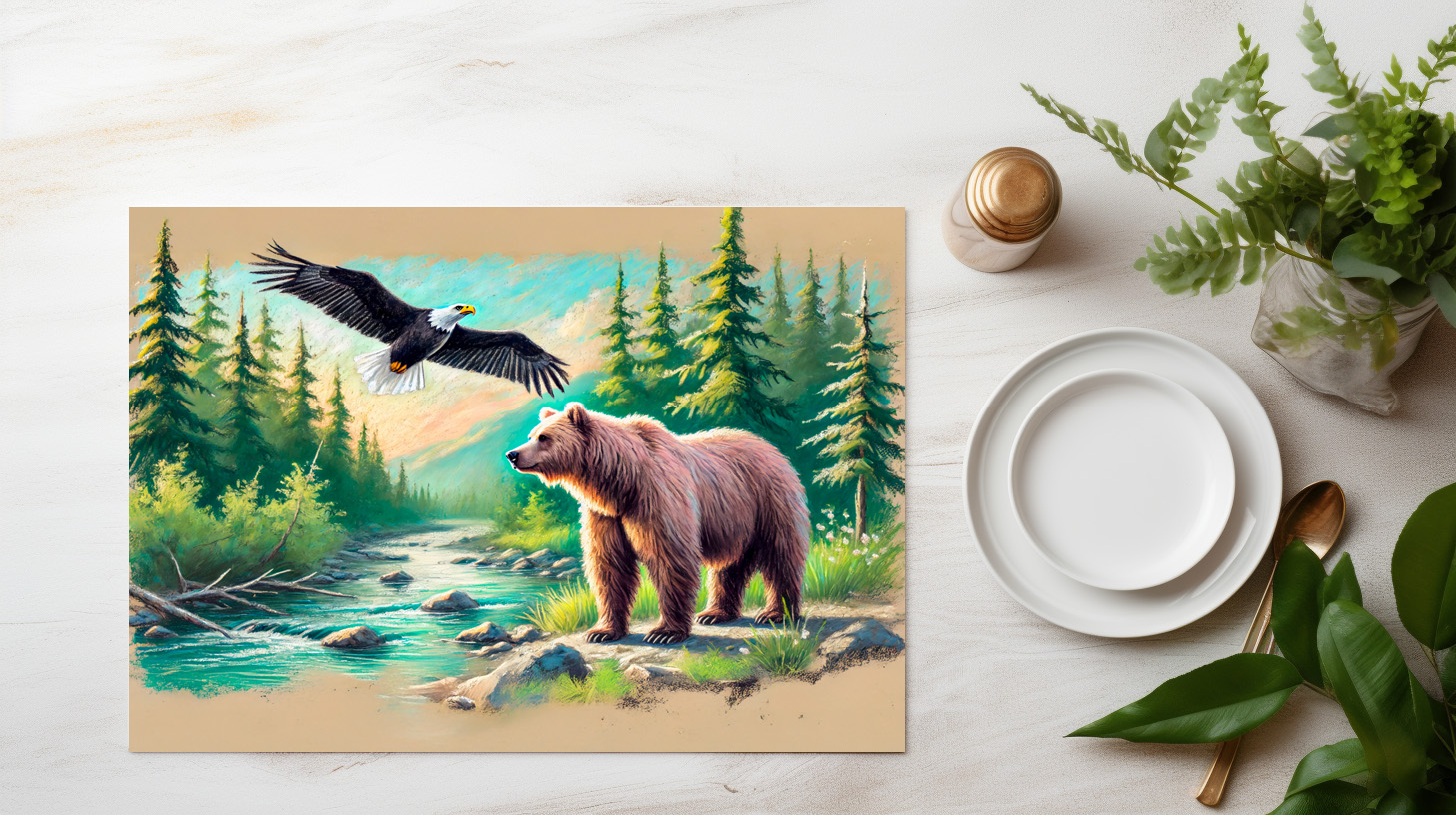 raxxa Premium-Tischset: Bear and Eagle in Forest Stream Pastel Chalk Drawing - immagine 3