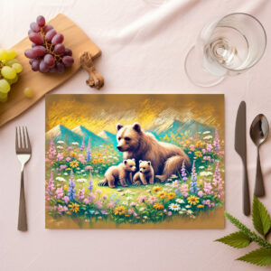 raxxa Premium-Tischset: Bear Family in Mountain Meadow Pastel Chalk Drawing