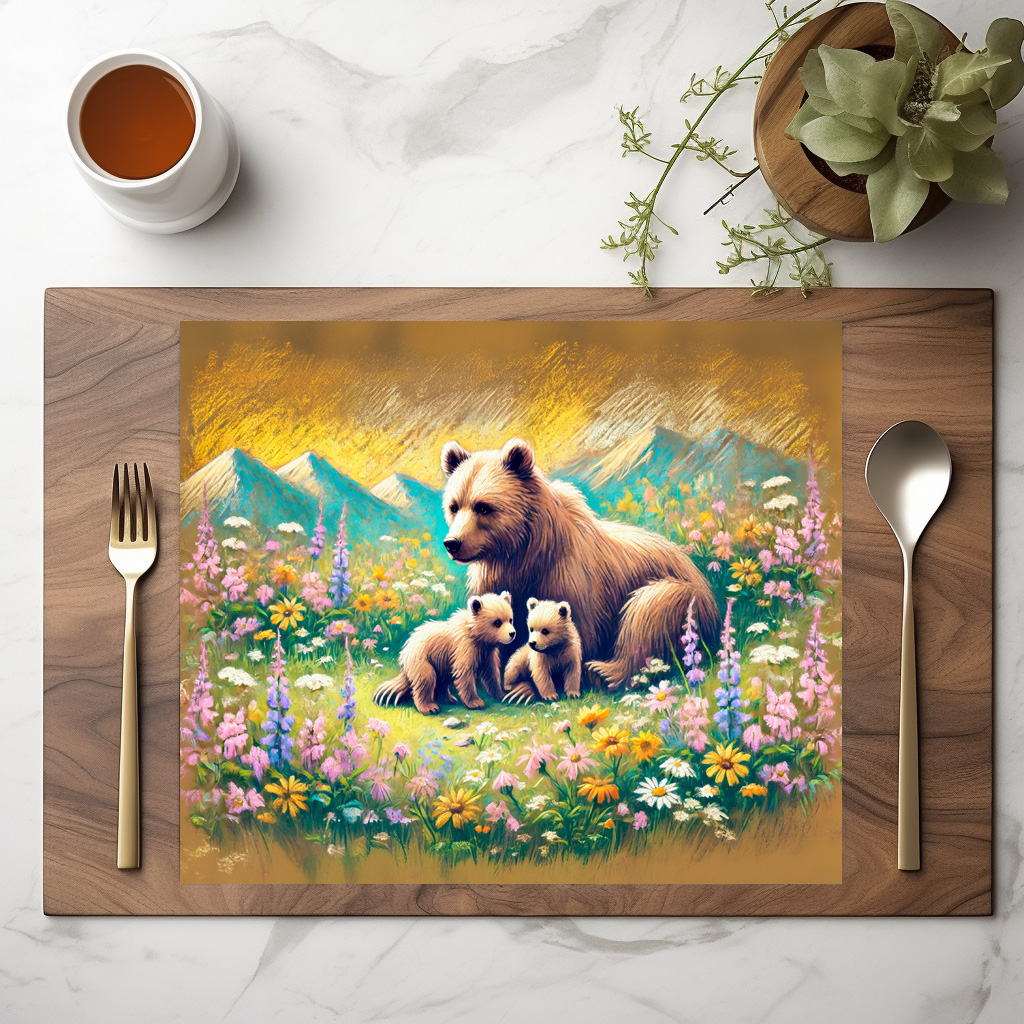 raxxa Premium-Tischset: Bear Family in Mountain Meadow Pastel Chalk Drawing - Imagen 2