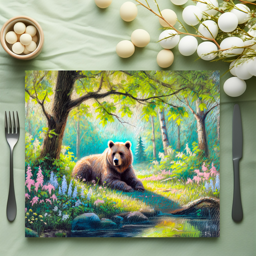 raxxa Premium-Tischset: Bear in Forest Glade Pastel Chalk Drawing