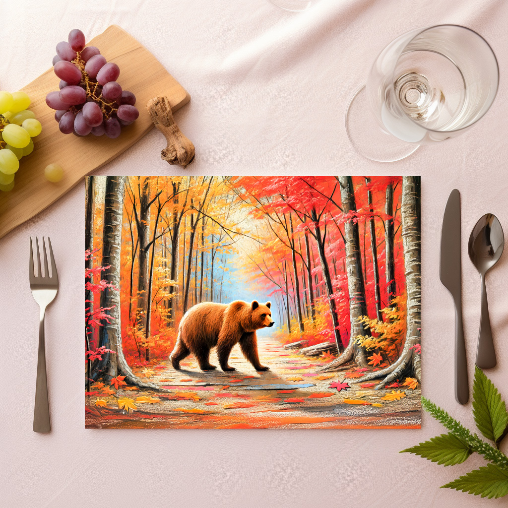 raxxa Premium-Tischset: Brown Bear in Autumn Forest Pastel Chalk Art - Imagen 2
