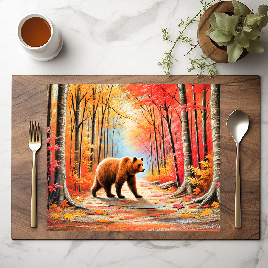 raxxa Premium-Tischset: Brown Bear in Autumn Forest Pastel Chalk Art - Imagen 3