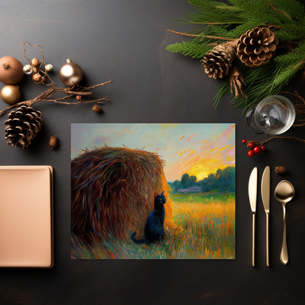 raxxa Premium-Tischset: Impressionistic Oil Painting of Cat by Haystack at Sunset – Image 2