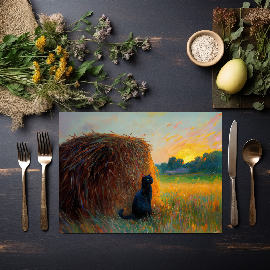 raxxa Premium-Tischset: Impressionistic Oil Painting of Cat by Haystack at Sunset – Image 3