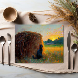 raxxa Premium-Tischset: Impressionistic Oil Painting of Cat by Haystack at Sunset